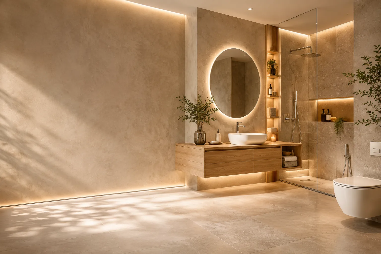 Luxury BathX bathroom with warm lighting, premium ceramics and chrome fittings
