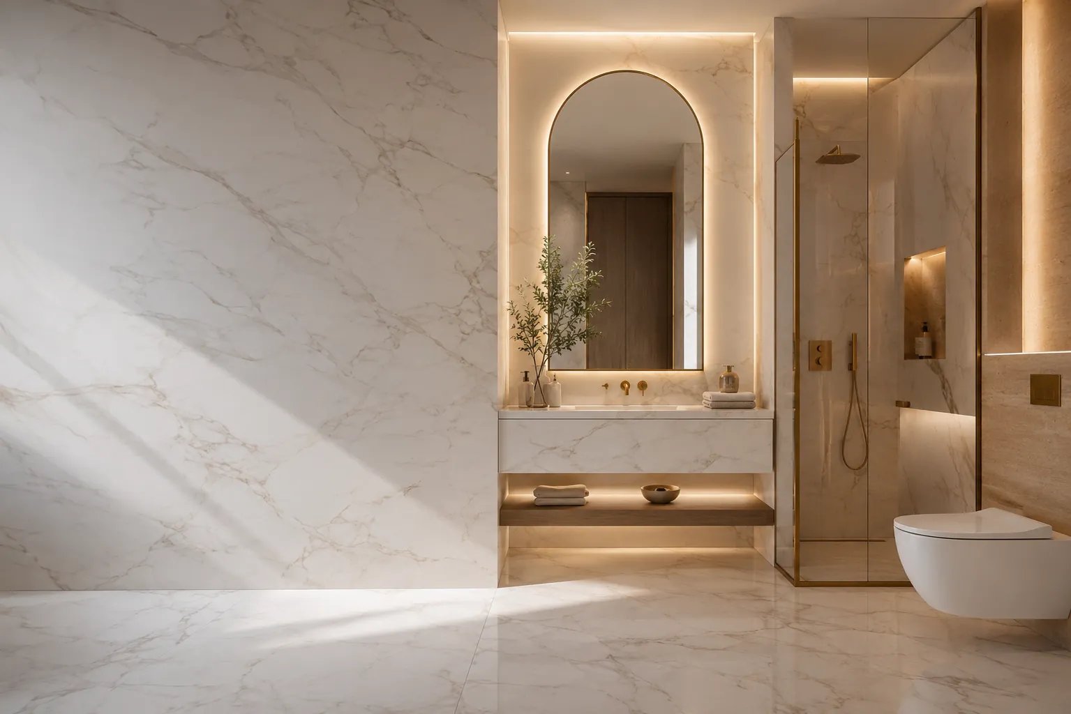 Elegant BathX villa bathroom in white marble with an arched backlit mirror, bronze fittings and wall-hung WC