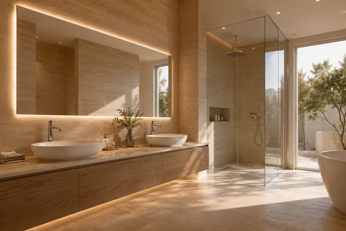 Modern BathX bathroom with a floating vanity, large mirror and warm natural light