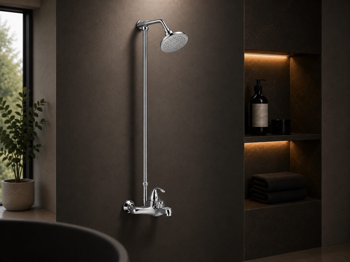 BathX shower set with overhead rainfall shower and hand shower in a modern bathroom